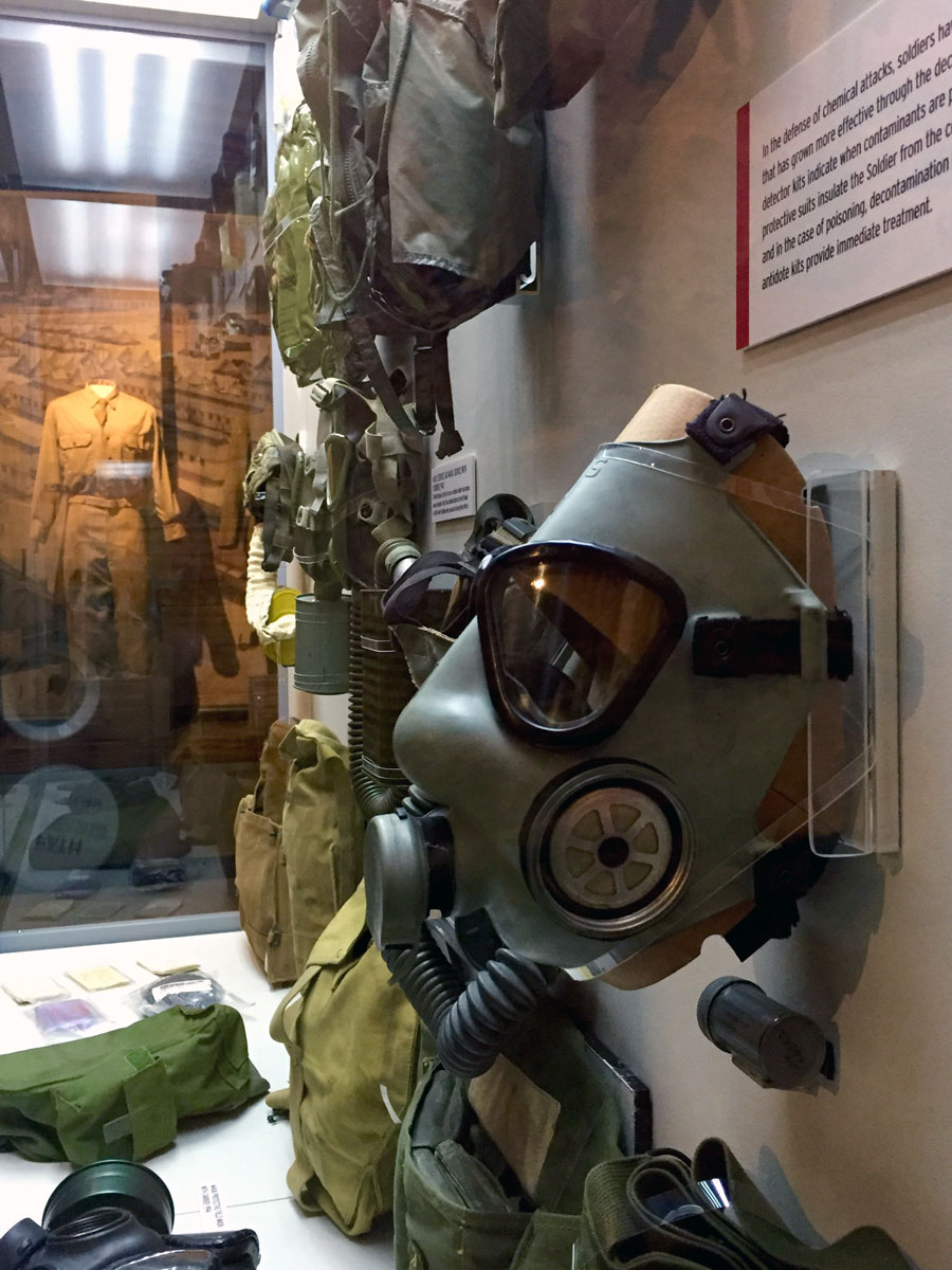 A gas mask as part of an exhibit inside the US Army Basic Combat Training Museum.